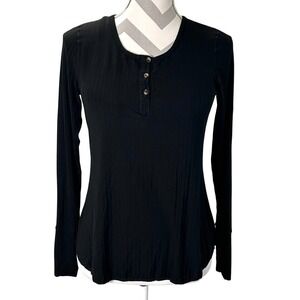 SheBird Black Ribbed Long‎ Sleeve Henley Top Built in Wellness Bra Size 2/small